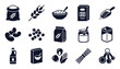 © Jolly J - Grains and pantry staples icon set. Glyph black silhouettes - flour bag, wheat ear, cereal bowl, pasta box, beans, corn, oil bottle, sugar jar, measuring spoons. Flat vector pictograms