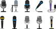 © Sumon Creative - Microphone vector set with different modern and vintage audio recording equipment for podcast, music and broadcasting illustration