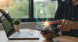 © MASTERSTOCK - Cybersecurity concept of secure data access with a user unlocking a virtual padlock on a smartphone, representing password authentication and online privacy