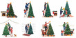 © Nadhirotul - Set of illustrations showing Father and Daughter decorating Christmas trees, placing the star topper while wearing festive sweaters, representing family holiday tradition.