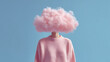 © Kiara - Frau mit rosa Wolke statt Kopf vor blauem Hintergrund – surreales Konzeptbild für Gedanken, Kreativität und Identität
