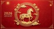 © Zampra studio's  - Happy Chinese new year of the horse 2026 festive banner with gold horse, flowers. illustration for header of website, happy,, chinese,, new,, year,, the,, horse,, 2026