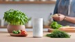 © pkproject - A white smart speaker stands on a kitchen countertop surrounded by fresh basil dill tomatoes peppers lettuce and carrots highlighting modern domestic life and healthy culinary prepa n