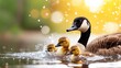 © Larisa AI - A mother duck leads her fluffy ducklings through sparkling water, exemplifying nature's beauty and the bond between parent and offspring in a serene environment.