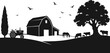 © Afsun Creative - Black silhouette of a farm scene with barn tractor cows and birds in flight cattle