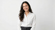 © tonstock - Portrait generic a woman with long hair smiling warmly while wearing a white shirt against a plain background