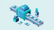 © SerPak - Flat vector illustration of a pharmaceutical production line featuring tablets on a conveyor belt and machinery. Medical manufacturing concept.