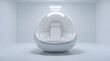 © Muhammad - Futuristic white futuristic chair pod in a minimalist white room with bright overhead lighting, concept of science fiction technology and modern design