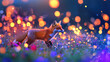 © nuttachet chinavong - Fox with vibrant orange fur walks through colorful meadow filled with flowers, surrounded by magical bokeh effect