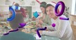 © vectorfusionart - Smiling Asian man in Santa hat chatting at home dining, with purple blue overlays, copy space
