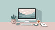 © Faeyza - Minimalist workspace with computer monitor showing mountain landscape and coffee cup.