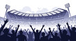 © Sohid - Silhouette of a massive crowd of cheering fans with raised hands in a sports stadium, celebrating a goal or victory.