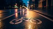 © GUNARTOGRAPHY - Wet city street at night with bicycle lane marking reflecting streetlights.