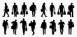 © Adji - Set of diverse people silhouettes walking with bags and carrying items, isolated on transparent background.