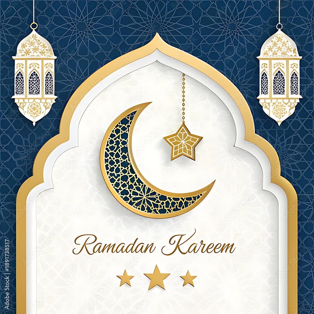 Ramadan Kareem Greeting Card with Crescent Moon Star Lanterns islamic ...