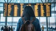 © Camilla - Woman at airport checking flight schedule
