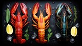 Three colorful lobsters arranged with ice, lemon and herbs.