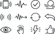 © Valentyna - Line style of haptic feedback vector icons: vibration, pulse, tick, bounce; signal, response, loop, return; sense, perceive,