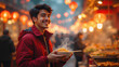 © ImagineAiStudio - Happy East Asian man holding steaming bowl of noodles at street market. Young Chinese male adult smiling during festive night.