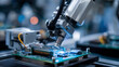 © Laura - Close-up of robotic arm assembling circuit board, faceless automated manufacturing, printed circuit board production, electronics assembly, microchip technology, precision