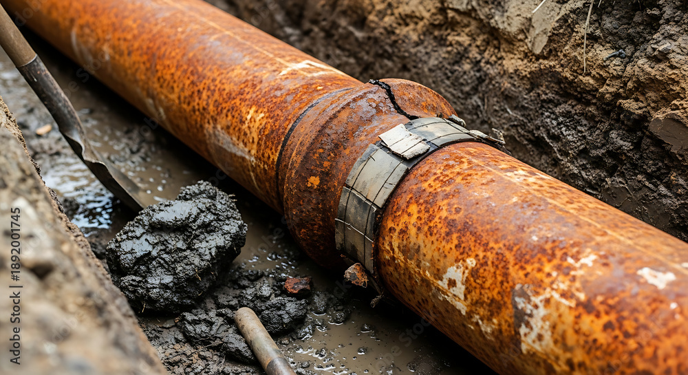 Rust Trenches Damaged ancient metallic sewage pipeline buried deep inside muddy ...