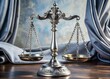 © udomsak - A majestic antique silvertoned scales of justice sit atop a velvetdraped pedestal, radiating wisdom and balance