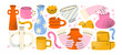 © Limpreom - Pottery workshop stickers in cartoon style. Handmade clay vases, mugs and bowls, cozy ceramic studio atmosphere, artisan pottery process and creative clay objects illustration. Ceramic pottery objects