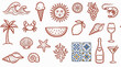 © naufal - Outline vector doodle collection of summer icons including beach, food and drink elements, concept for travel posters, restaurant menus and vacation apparel design