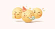 © YarM - Set of happy birthday party emoji emoticons, 3D. Positive yellow emoticons. Parties, celebration, greetings. Vector illustration.