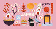 © Limpreom - Japanese culture stickers set in cartoon style. Doodle sushi, geisha, koi fish, sakura, ramen, and lucky cat. Retro fun and colorful illustrations traditional asian elements