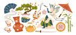 © Limpreom - Japanese culture stickers in retro cartoon style. Asian symbols: fan, crane, bonsai, teapot, mask, umbrella, bamboo, mountains. Traditional oriental objects collection with sakura flowers