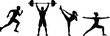 © Sagheer - Black silhouette set showcasing diverse fitness activities including running weightlifting high kicking martial arts and a warrior yoga pose representing total body health and training.
