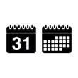 © vector - Two distinct black calendar icons are displayed, one showing the number '31' for a specific date and another illustrating a grid for a full month view.