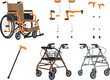 © MdAbdul - Mobility aid vector illustration set featuring wheelchair walker rollator crutches and walking cane equipment for elderly disabled rehabilitation support