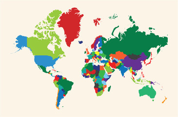  world map displays all countries in different vibrant colors, clearly defining national borders and regions, creating a visually engaging and informative representation of global geography 