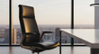 © CreativeIMGIdeas - Luxury Executive Office Chair and Desk in High-Rise Corporate Building Overlooking City Skyline at Sunset - Modern CEO Workspace Interior 3D Render