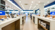 © Muin - Blurred interior view of a modern electronics store or showroom with display tables featuring laptops and gadgets, creating a sense of technology retail space