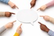 © Artcuboy - Diverse hands pointing at blank speech bubble sign top view flat lay communication concept high key studio photo