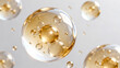 © Longo - Macro photograph of transparent golden liquid bubbles with inner structures, showcasing skincare or cosmetic product ingredients. Highlights beauty, wellness, and scientific fluid dynamics.