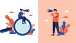 © Farhan - Conceptual illustration of two researchers using binoculars to search for ideas, with one sitting on a large magnifying glass.