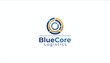 © Mk - BlueCore Logistics company logo with abstract concentric circles or gear shape, isolated white background.