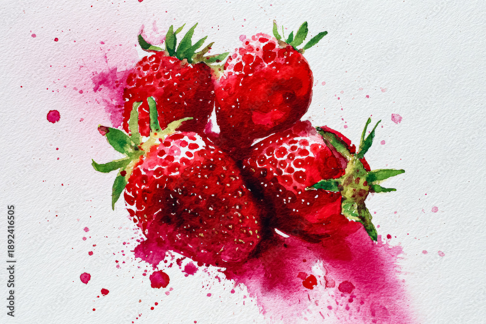 Strawberry painting with watercolor on white background