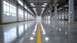 © Bussakon - Vast empty and clean industrial warehouse interior with a reflective polished concrete floor and central yellow line