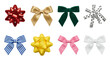© MDNANNU - Gift bow set including ribbon, satin, velvet, striped, and polka dot styles isolated. Christmas and holiday gift wrap decoration collection.