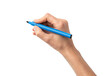 © Tanicsean - Hand holding blue pen in writing position, isolated on a transparent background