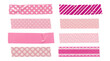 © MDNANNU - Pink decorative tape set including hearts, polka dots, stars, stripes, and floral patterns isolated. Scrapbooking and stationery craft collection.