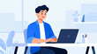 © beerman - A man is sitting at a desk with a laptop in front of him. He is smiling and he is enjoying his work. Concept of productivity and positivity