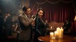 © MuzammilZia - Dramatic 1940s Couple in a Speakeasy Lounge: Stylish man adjusts woman's long opera glove in atmospheric candlelight, reflecting vintage noir intrigue and romance.
