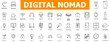© Iconique Studio - Digital nomad modern outline icon set featuring work environment tools travel essentials and remote lifestyle symbols for flexible professional freedom and global connectivity projects.