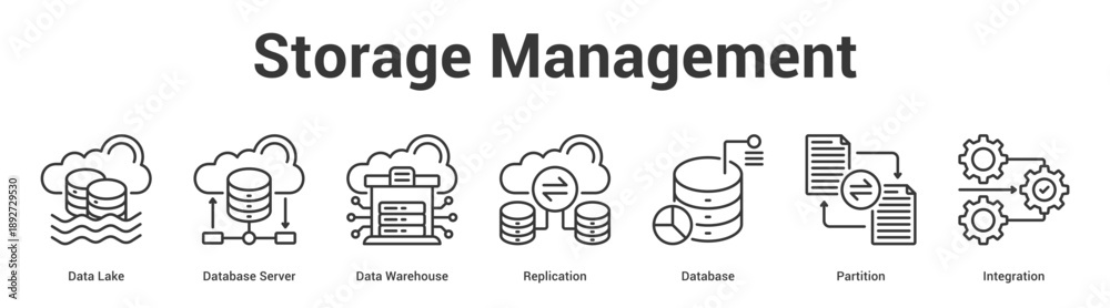 Storage Management web banner icon set vector illustration concept for ...